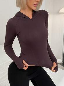 Easithlete Moletom feminino casual de manga comprida com capuz, sem costas e cor sólida - Vermelho Acastanhado - Ver 2