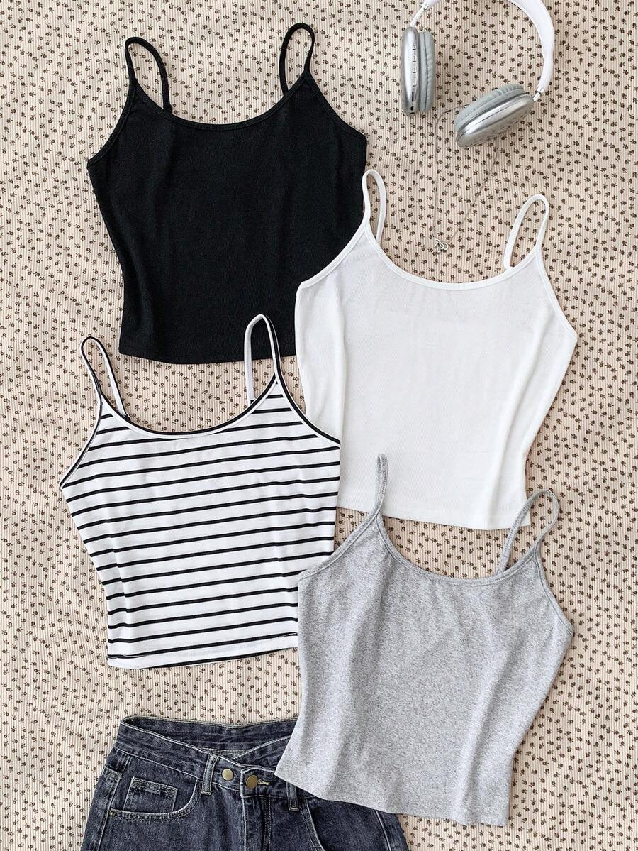 SHEIN Bộ 4 áo ba lỗ ngắn thường ngày cho bé gái tuổi teen, đa năng cho mùa xuân, hè, thu, đông, áo ba lỗ bó sát sọc đen trắng - Nhiều màu - Xem 1