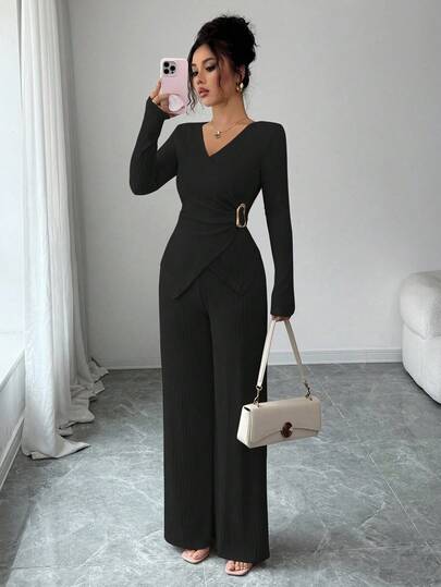 Selianne Autumn/Winter New Solid Color Elegant Commuter V-Neck Long Sleeve T-Shirt With Metal Buckle Decor + Wide Leg Elastic Waist Pants Women Casual Versatile 2-Piece Set