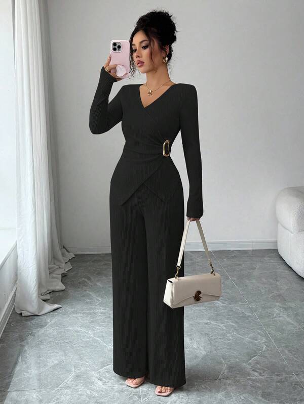 Selianne Autumn/Winter New Solid Color Elegant Commuter V-Neck Long Sleeve T-Shirt With Metal Buckle Decor + Wide Leg Elastic Waist Pants Women Casual Versatile 2-Piece Set