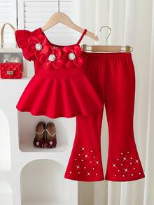 2件套 女童节日红色3D立体花朵珍珠装饰吊带背心+喇叭裤，适合生日、度假、派对、春夏穿着 - 紅色 - 查看 8