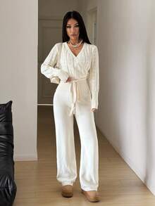 StreetHx Spring Thin Sweater And Pants Two Pieces Set, Casual Women's Suit - White - View 4