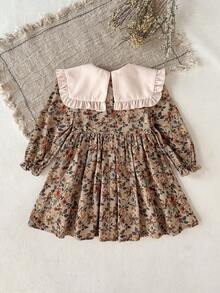 Baby Girls Elegant Floral Print Color Block Bowknot Dress - Multicolor - View 2