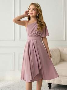 Rochie elegantă de petrecere cu un umăr, în culoare solidă, pentru fete preadolescente