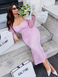 GalTyme เดรสลูกไม้สีชมพูสำหรับผู้หญิงไซส์ใหญ่ เหมาะสำหรับงานปาร์ตี้ ฤดูใบไม้ร่วง/ฤดูหนาว