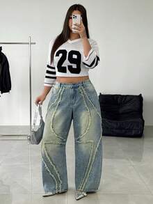 Jeanoix Plus Size Women Y2K Fashion Casual Frayed Hem Denim Jeans - Light Wash - View 3