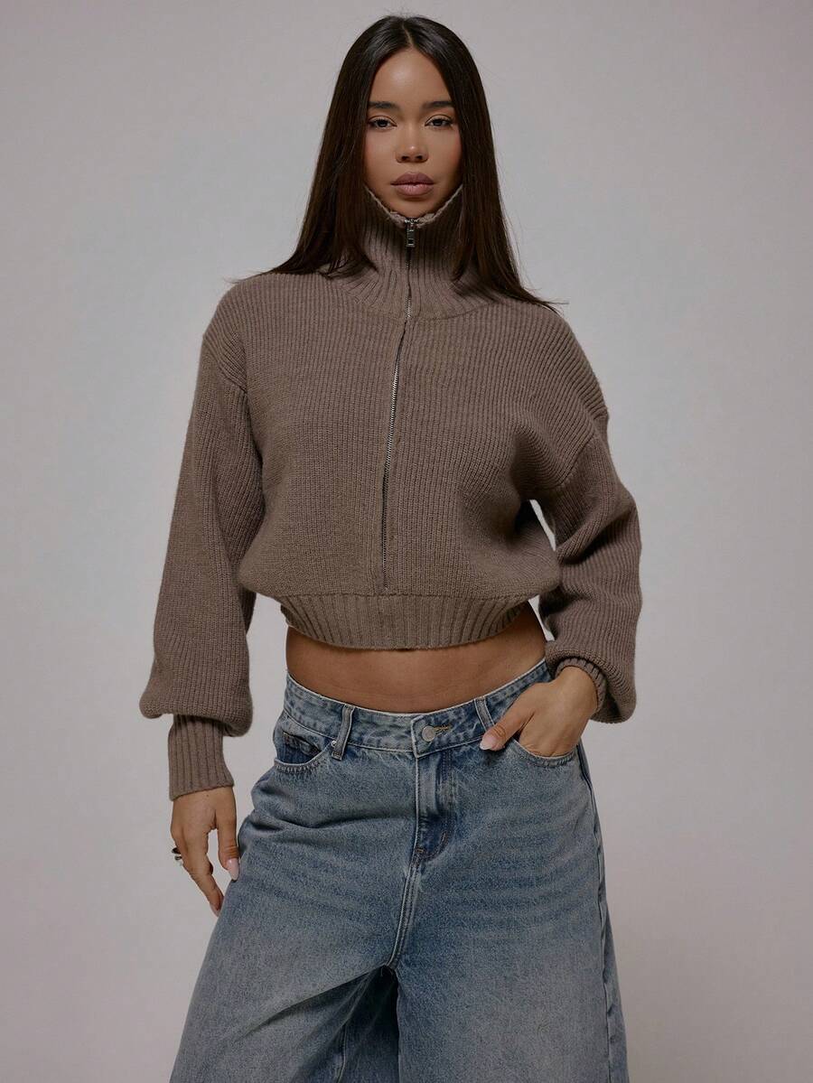 MUSERA Kurze gerippte Strick-Oversized-Kragen-Detail Cardigan Top Herbst Winter Streetwear Cool Girl Y2K Alltag Lässig Sepia