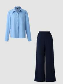 Franclia 女士休闲基础款衬衫（天蓝色）+修身金属纽扣装饰阔腿裤（藏蓝色），两件套通勤装 - 藏蓝色 - 查看 3