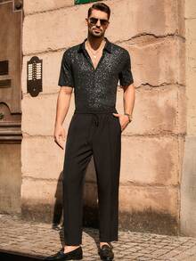 HIMLAND Áo sơ mi nam thời trang dự tiệc đính sequin, cài một hàng khuy, tay ngắn, phong cách Vegas Night. - màu đen - Xem 5