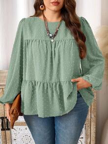 EMERY ROSE Blus Wanita Ukuran Besar Warna Hijau Sage Musim Gugur Elegan Formal Longgar Leher Bulat Lengan Lentera Hem Berkerut, Atasan Pesta Tahun Baru Natal Gaya Boho - Hijau - View 1