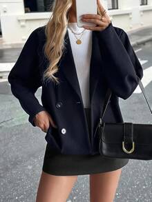 Pariaura 优雅别致的露肩宽松高领双排扣大衣，秋冬女装 - 藏蓝色 - 查看 5