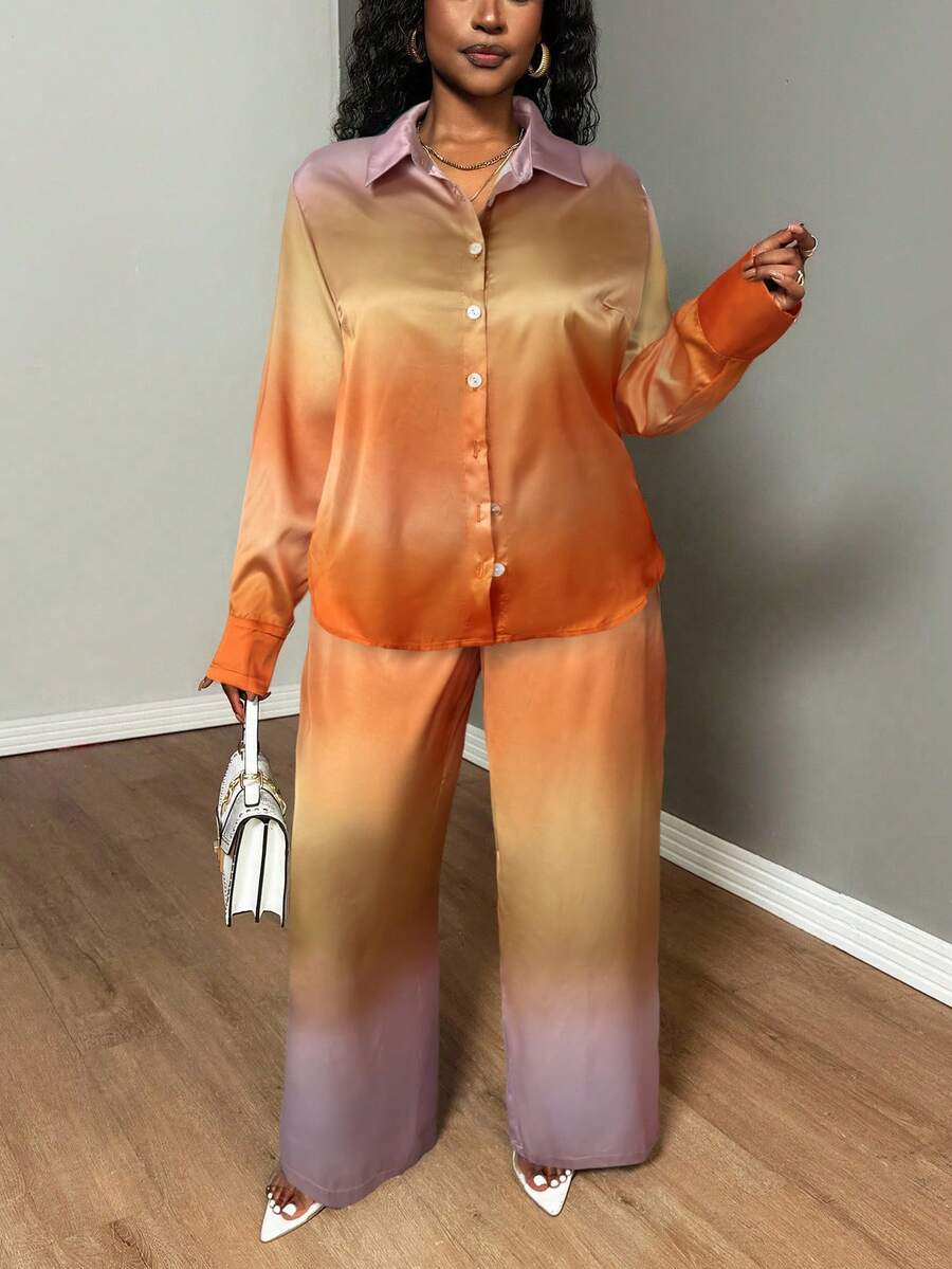 Truni 大码女式扎染印花宽松长袖衬衫长裤套装，带口袋和纽扣细节，适合梨形和三角形身材 - 彩色 - 查看 1