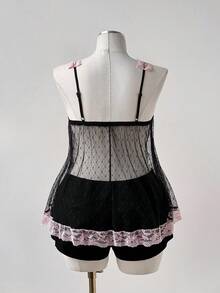 Sunspun 新款优雅甜美蝴蝶结薄纱雪花蕾丝边饰短款吊带背心，春夏秋季款 - 黑色 - 查看 2