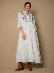 SHEIN VCAY Đầm voan xếp ly dáng rộng, thêu họa tiết, phong cách Bohemian, trang phục nữ Boho, đồng quê. - Màu be - Xem 5