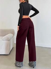 EURMUSE HIGH RISE WIDELEG JEAN WITH LEOPARD PETITE - Burgundy - View 2