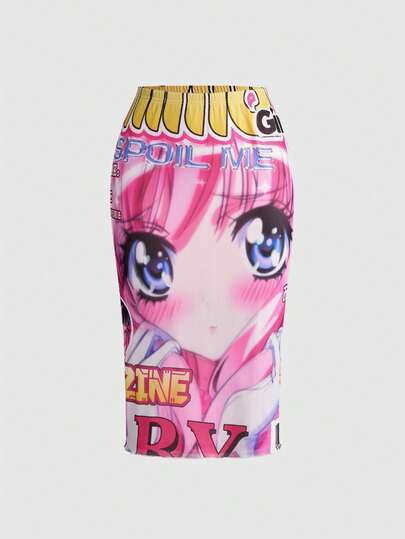 ROMWE Kawaii Y2K动漫图案拼接网纱低腰女式长裙