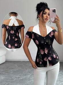 SHEIN Elenzya Spring/Summer New Elegant Women Blouse,Floral Patchwork Design,Suitable For Outing,,Party,Daily Wear,Valentine's Day,Pink And Black Blouse - Multicolor - View 1