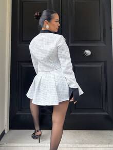 NegzBox 2pcs/Set Vintage Tweed Contrast Color Splicing Long Sleeve Top And Pleated Skirt Regular Suit For Women, Spring/Autumn/Winter Fall Cloth For Women - Black and White - View 2