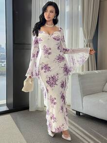 Modelyn Đầm nữ thanh lịch in hoa, cổ hình trái tim, tay xòe, thích hợp cho mùa thu. - Nhiều màu - Xem 4