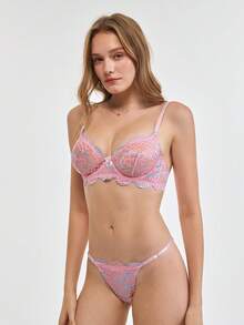 Bonmuse 2 pièces Ensemble de lingerie sexy pour femmes, soutien-gorge et culotte en dentelle rose, sous-vêtements romantiques pour la Saint-Valentin - Rose bonbon - Voir 5