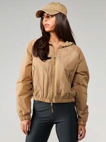 MISSGUIDED Active Semi Sheer Windbreaker Jacket With Hood Zip Up Long Sleeve Casual Outerwear For Women Fall Spring - Brown - View 1