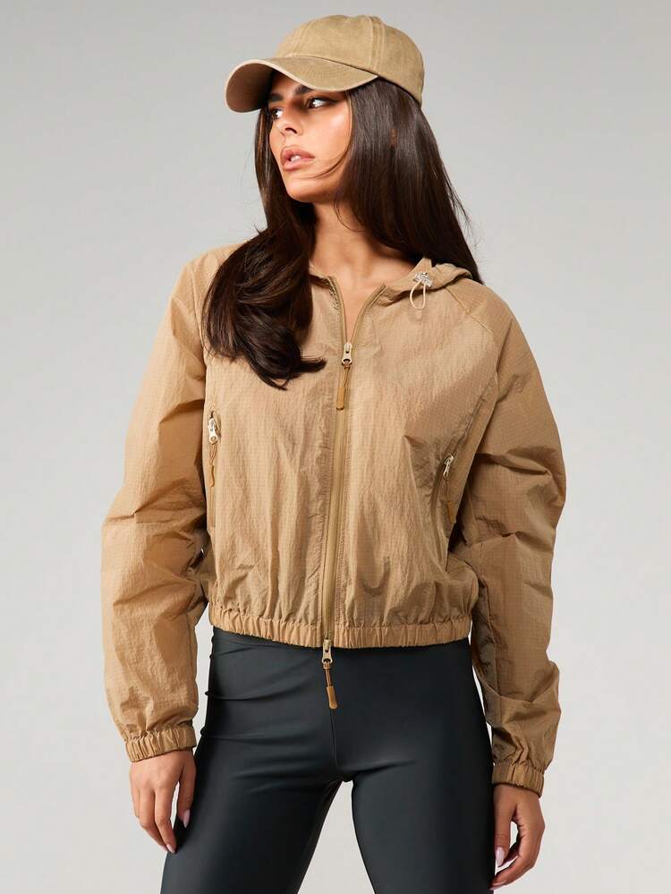 MISSGUIDED Active Semi Sheer Windbreaker Jacket With Hood Zip Up Long Sleeve Casual Outerwear For Women Fall Spring