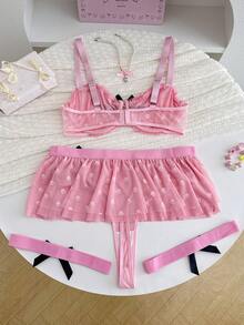 PetitDoll Bộ đồ lót gợi cảm cỡ lớn 4 món - Bao gồm áo ngực, váy ngắn, đai garter (2 chiếc), lưới hồng mỏng - Hồng - Xem 2