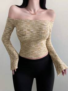 DAZY Spring New Sheer Mesh Off-Shoulder Special Fabric Women T-Shirt - Khaki - View 2