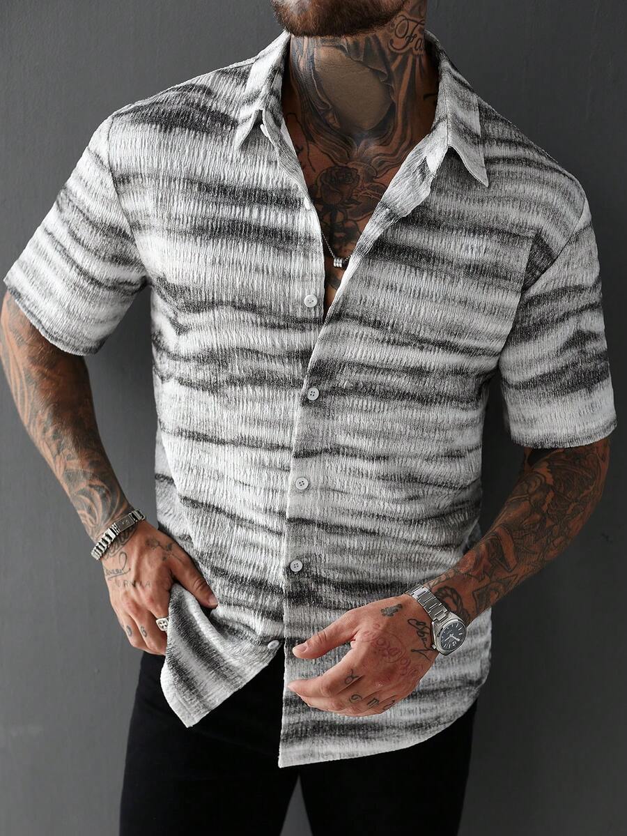 Manfinity Homme 男士扎染翻领单排扣休闲短袖衬衫 - 黑與白 - 查看 1