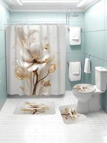 4PCS Simple And Elegant Floral Bath Liner Set With U-Shaped Toilet Cover Waterproof Polyester 71*71 Inches And 12 Hooks, Washable Fall Bath Liner For Shower Or Bathtub Decoration - Multicolor - View 2
