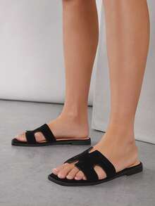 SHUZIA 女士纯色拼接简约镂空休闲平底凉鞋 - 黑色 - 查看 4