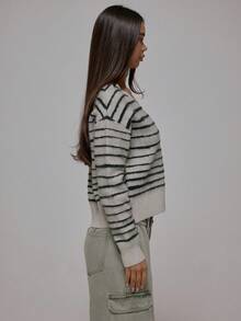 MUSERA Cárdigan de punto con cuello en V, rayas y botones, estilo streetwear para otoño e invierno, look cool girl Y2K, casual para uso diario, color sepia - Multicolor - Ver 4