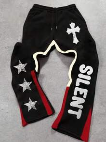 INAWLY Y2K 嘻哈哥特风格女士休闲街头风格慢跑裤独特地展示五角星和时尚十字架设计印花 - 黑色 - 查看 1