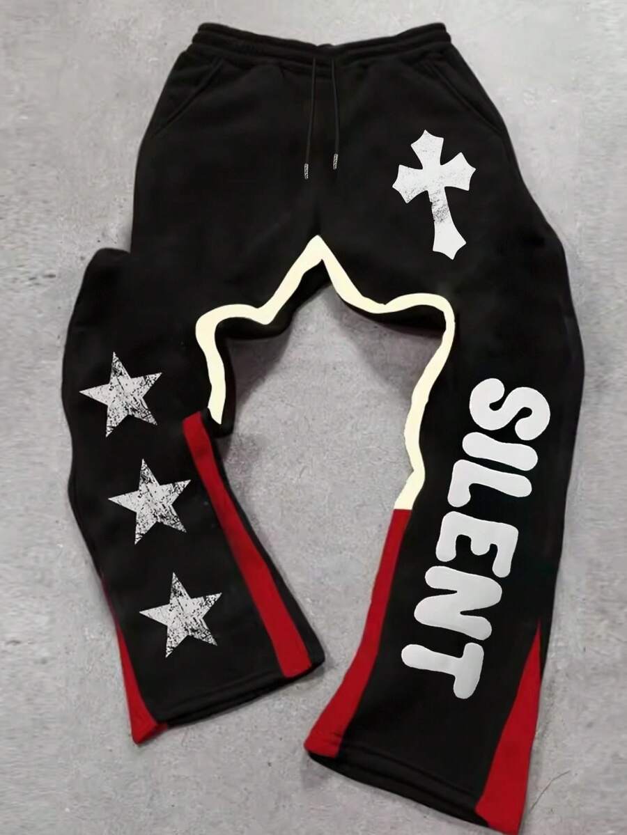 INAWLY Y2K 嘻哈哥特风格女士休闲街头风格慢跑裤独特地展示五角星和时尚十字架设计印花 - 黑色 - 查看 1