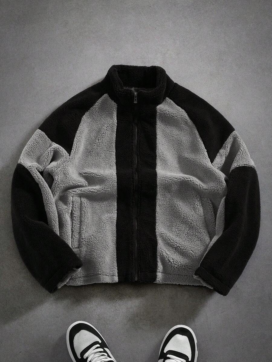 PAVTROS 男士休闲撞色抓绒拉链外套，秋冬男士街头风抓绒拉链外套 - 黑色 - 查看 1