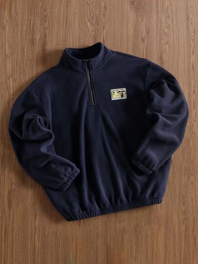 TOKVUE Men Zipper Front Patched Flannelette Oversize Sweatshirt, Quarter Zip, Half Zip Sweatshirt, Men Sweatshirt, For Fall Winter