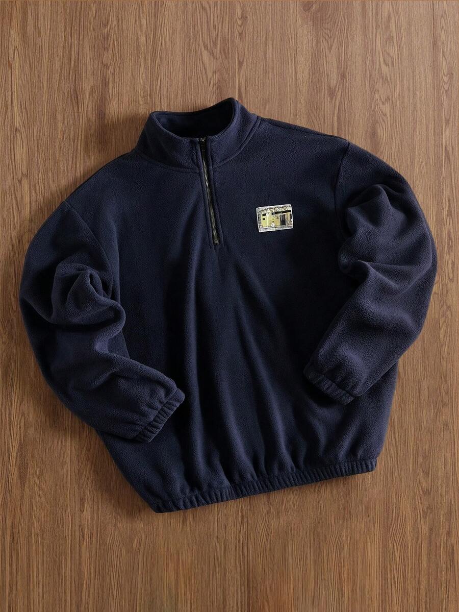 TOKVUE Men Zipper Front Patched Flannelette Oversize Sweatshirt, Quarter Zip, Half Zip Sweatshirt, Men Sweatshirt, For Fall Winter - Navy Blue - View 1