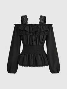 ROMWE Kawaii 可爱露肩荷叶边腰部蕾丝吊带背心女式上衣 - 黑色 - 查看 1