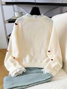 SHEIN Young Girl Lace Trim Heart Pattern Casual Sweater, Autumn/Winter Heart Embroidered Top Cute Sweater Girls Heart Sweater Embroidered Heart Sweater Girl Knit Christmas Seasons - Spring, Summer, Autumn, Winter, Great Christmas Gift For Young Girls - Apricot - View 2