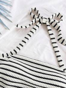 Soleia Women's Vacation Halter White Knit Textured Fitted Camisole,Tank Top - Black and White - View 4