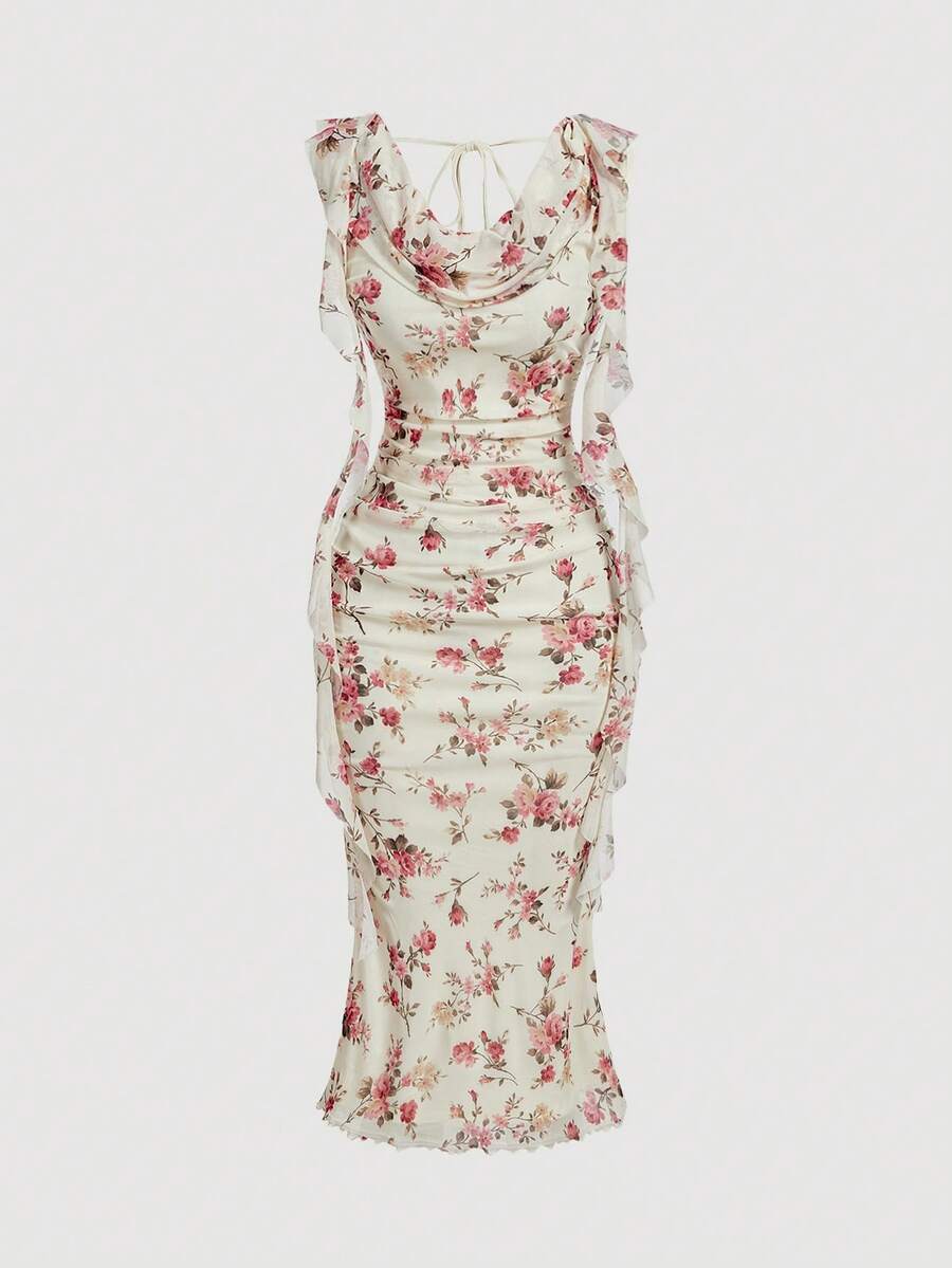 SHEIN MOD Floral Print Romantic Ruffle Hem Fitted Elegant Mid-Length Dress For Women - Multicolor - View 1