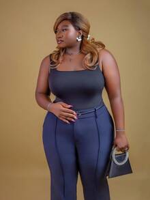 CurvyTilda Tildaharris Plus Size Women's Solid Color Toothpick Striped Design Office, Formal, Commute Long Pants, For Hourglass Body Shape, For Body Shape, For Summer - Navy Blue - View 4
