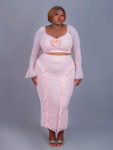 Fall Clothes For Women,WinterPlus Size Casual Vacation Solid Color Long Sleeve Top And Skirt 2 Pieces Set - Dusty Pink - View 7