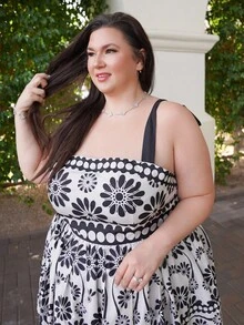 Truni Sometimesglam Plus Size Women's Vacation Black Geometric Retro Print Strappy Tie Cinched Waist Flared Mini Dress, For Pear Triangle Body Shape