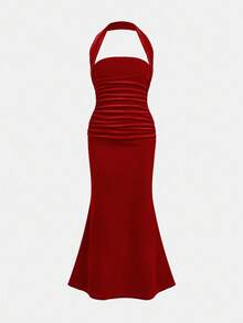 SHEIN 青少年女孩纯红色 V 领无袖褶皱腰天鹅绒优雅派对礼服修身美人鱼挂脖连衣裙，适合圣诞派对