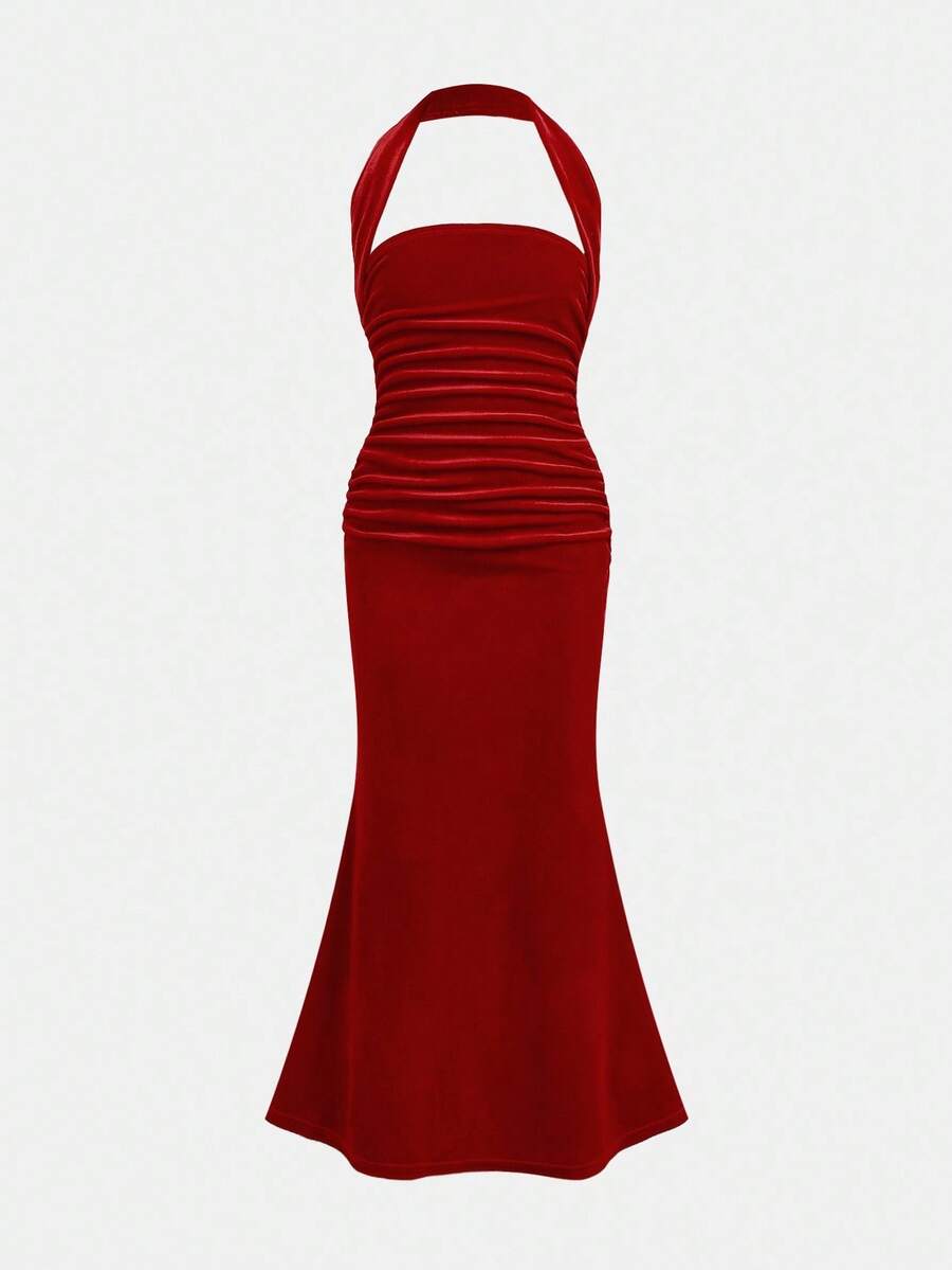 SHEIN 青少年女孩纯红色 V 领无袖褶皱腰天鹅绒优雅派对礼服修身美人鱼挂脖连衣裙，适合圣诞派对