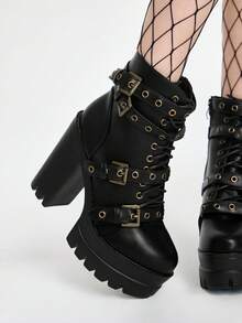 ROMWE Grunge Punk 秋冬女式时尚踝靴2025新款高跟防水台靴厚底圆头摩托车短靴女靴