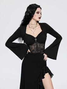 Breakform 女士哥特复古性感网纱刺绣城堡图案拼接纯色针织面料方领弹力荷叶边前片褶皱金属交叉喇叭袖短款T恤 - 黑色 - 查看 5