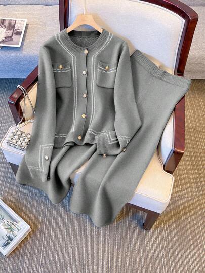 SHEIN Franclia Women Striped Long Sleeve Knitted Cardigan And Knitted Pants Casual 2 Pieces Set