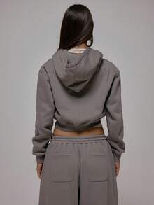 MUSERA 水洗缝线细节短款拉链连帽衫，秋冬街头风，酷女孩Y2K日常休闲风，复古棕褐色 - 灰色 - 查看 2